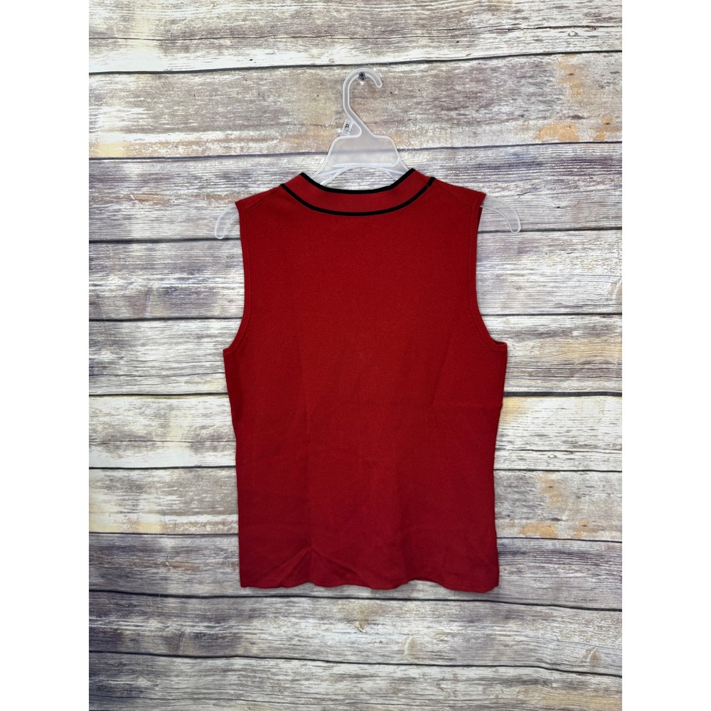 Cable & Gauge Red Sleeveless Faux Wrap V-Neck Sweater Top Black Trim M Medium - Picture 5 of 7